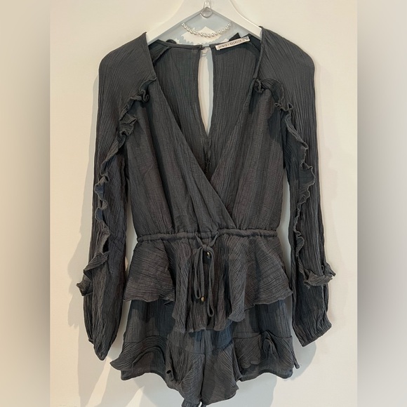 saints + secrets Pants - Gray Blue Long Sleeve Ruffle Romper Tie Waist Boho XS